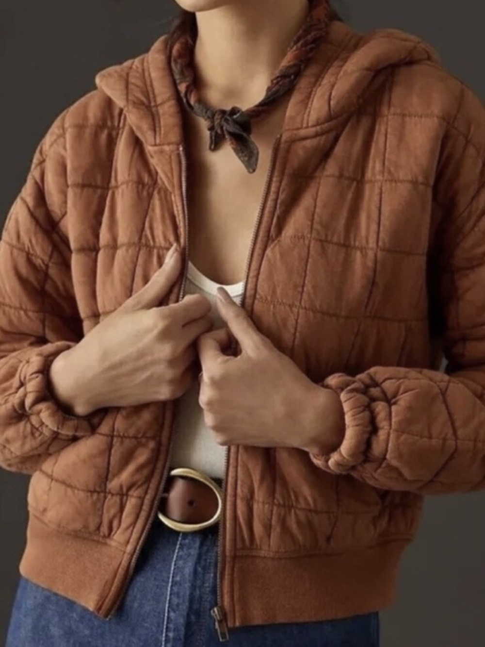 ANTHRO FREE People Pilcro QUILTED BOMBER BOHO HOODED XL CROP JACKET